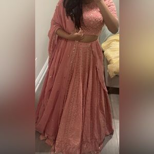 Dusty Pink and Gold Lehenga! Elbow sleeves, deep front and backless.